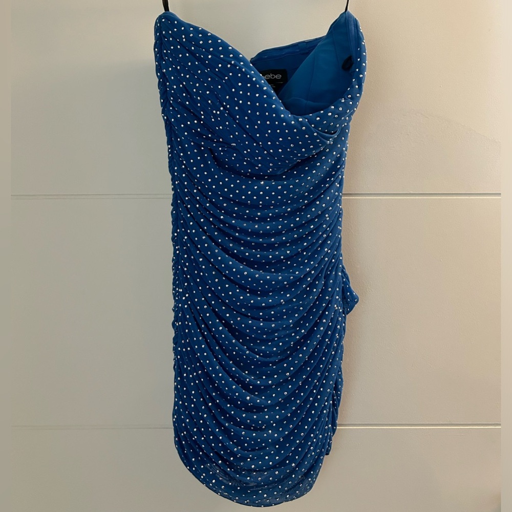 Strapless blue mini dress with rhinestones XS BEBE